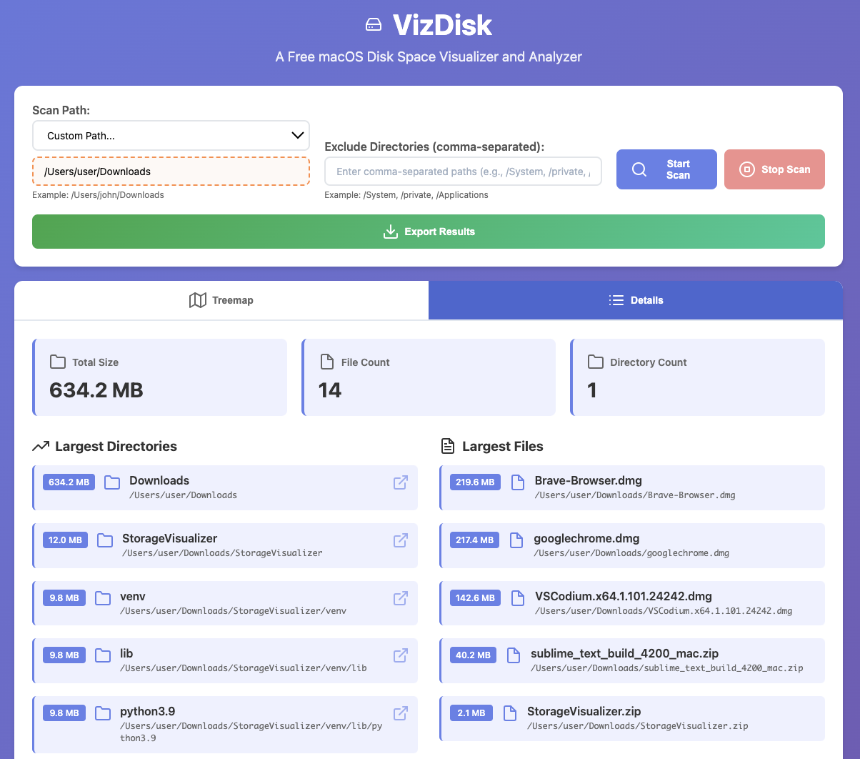 VizDisk details view with largest files and directories